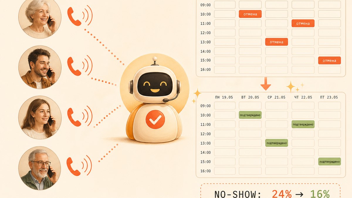 Медклиника: голосовой бот за 24ч до приёма — no-show упал с 24% до 16%